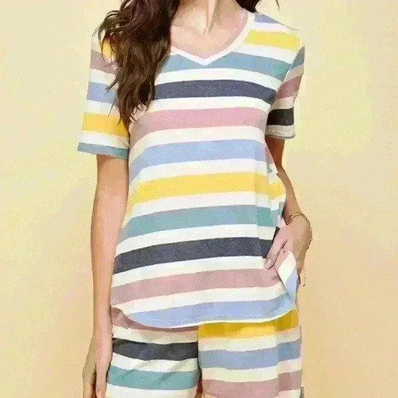Yellow/Blue/Pink Striped Loungewear Top and Shorts - Picture 1 of 3